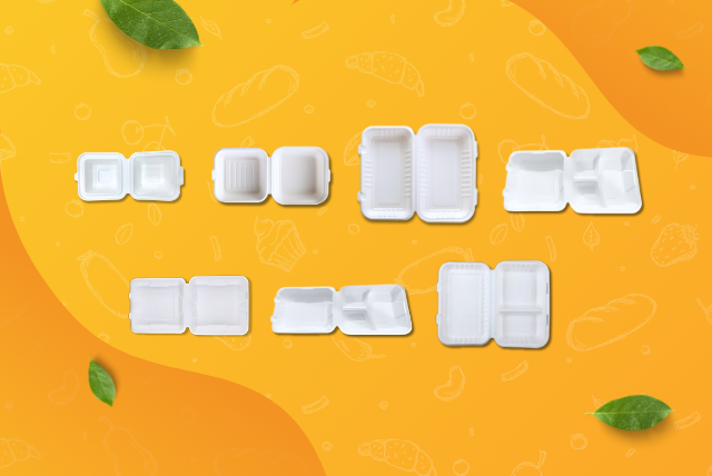 Biodegradable clamshell packaging manufactured by Fomex Group India using bagasse and natural fibers for takeaway, delivery, and bulk food service needs.