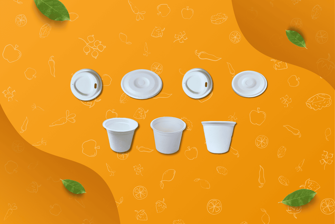 Biodegradable glasses and lids manufactured by Fomex Group India using bagasse and natural fibers for beverages, takeaway, and bulk food service use.