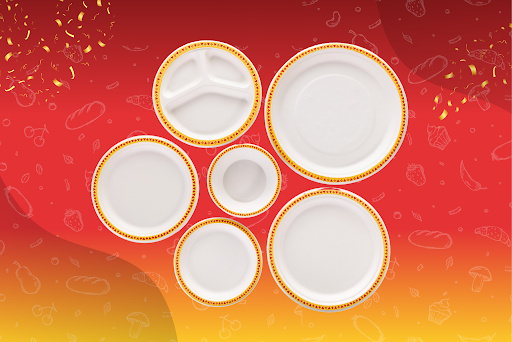 Biodegradable celebration plates manufactured by Fomex Group India for events, catering, and premium food service using bagasse and natural fibers.