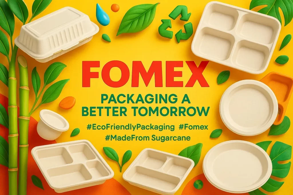 Fomex Group’s eco friendly sugarcane-based packaging solutions including compostable plates, trays, and cups for sustainable business use.