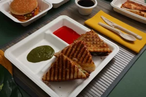 Realistic biodegradable food containers made from sugarcane bagasse displayed on a natural fiber tablecloth with eco-friendly branding in the background.