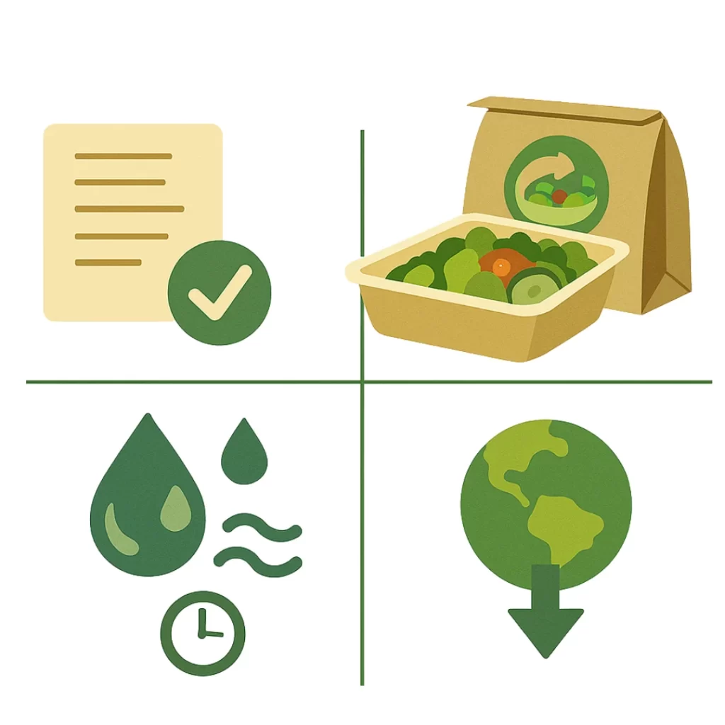 food safe biodegradable packaging with certification check, compostable food container, moisture resistance, and reduced environmental impact icons