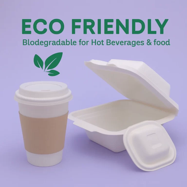 Eco friendly biodegradable cup for hot beverages with food grade 5×5 square clamshell container, sustainable packaging for food and drinks
