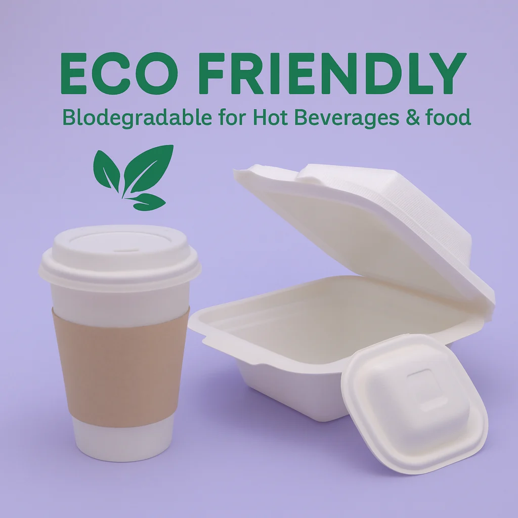 Eco friendly biodegradable cup for hot beverages with food grade 5×5 square clamshell container, sustainable packaging for food and drinks
