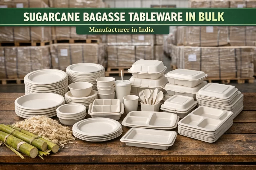 buy sugarcane bagasse tableware in bulk, sugarcane bagasse tableware manufacturer in India, bagasse tableware wholesale India, bulk bagasse plates supplier, biodegradable tableware bulk purchase, eco friendly table