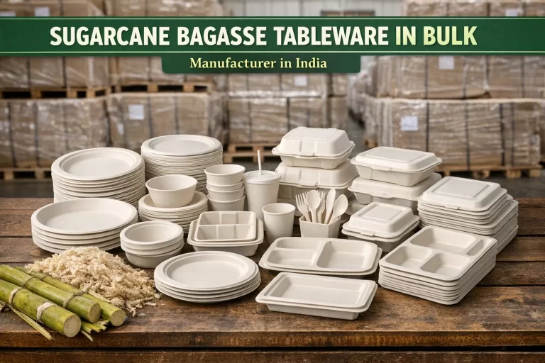 buy sugarcane bagasse tableware in bulk, sugarcane bagasse tableware manufacturer in India, bagasse tableware wholesale India, bulk bagasse plates supplier, biodegradable tableware bulk purchase, eco friendly table