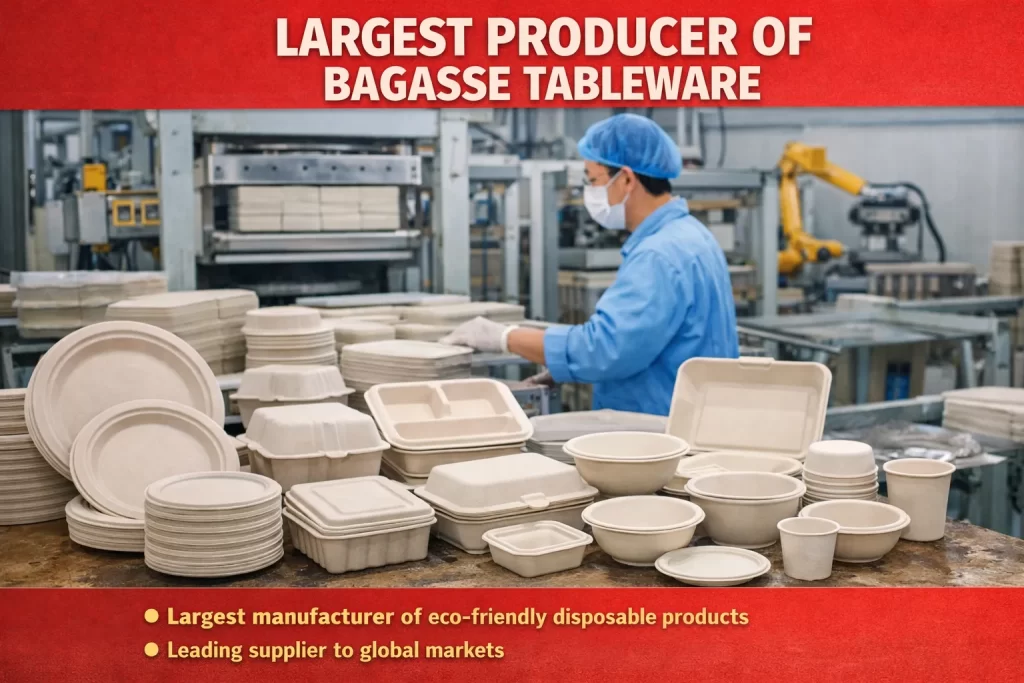 Large scale production of sugarcane bagasse tableware in a manufacturing facility, showing biodegradable plates, bowls, cups, and clamshell containers