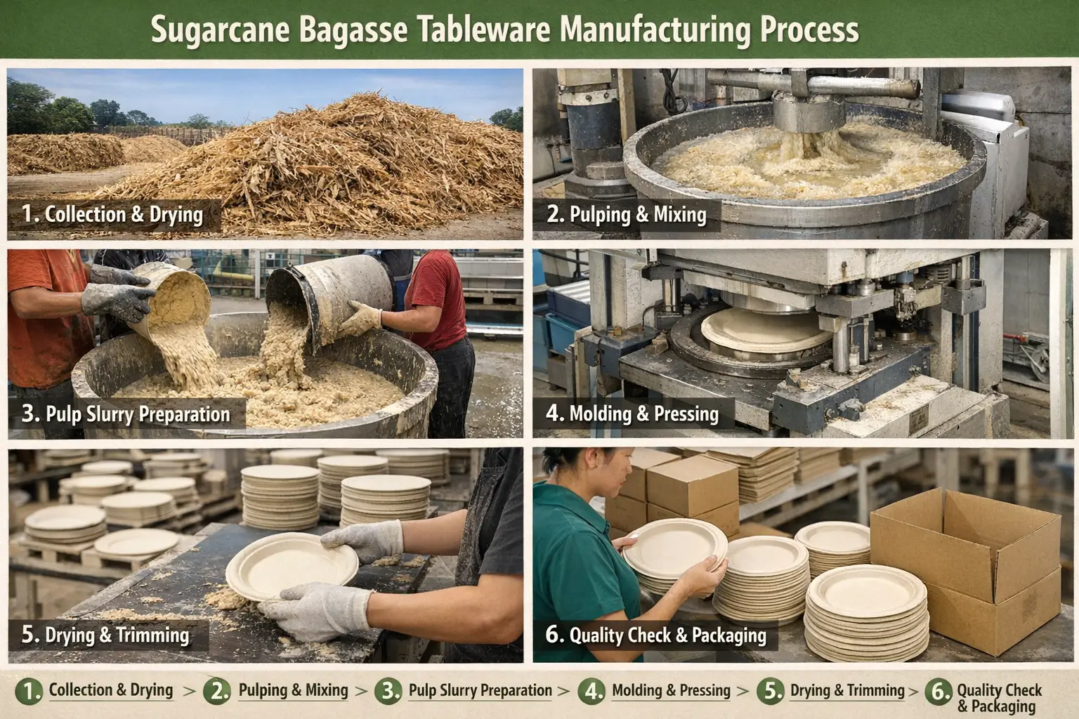 Step by step sugarcane bagasse tableware manufacturing process showing collection, pulping, molding, drying, trimming, and packaging of biodegradable plates