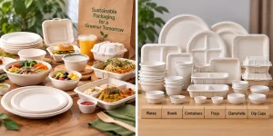 Sustainable food packaging products including bagasse plates, bowls, trays, containers, clamshells and dip cups for restaurants.
